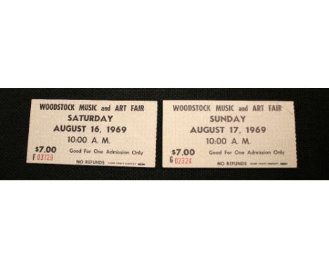 WOODSTOCK TICKETS - rare black print Woodstock Music and Art Fair ticket stubs for Saturday August 16 and Sunday 17, 1969. Ti