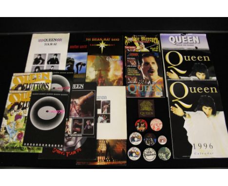 QUEEN - a collection of Queen and Brian May memorabilia to include 3 calendars, 2 Freddie Mercury Tribute magazines, 12 tour 