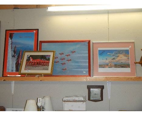 Three framed and glazed prints of the Red Arrows (2 signed) and one airplane print.
