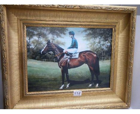 A gilt framed study of a racehorse with jockey on canvas. (This is a print)