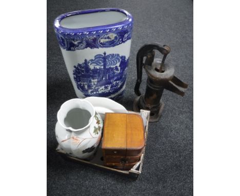 A cast iron water pump, a stick stand and a box of oriental vase, dinner ware and jewellery casket 