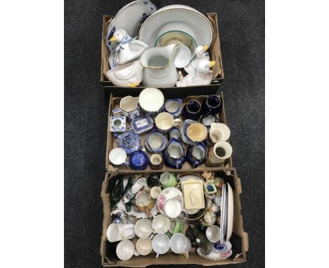 Three boxes of Ringtons china, mugs, wash jug and basin, goose storage jars etc 