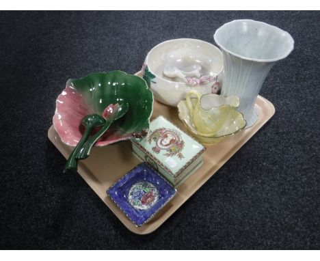 A tray of Royal Winton salad bowl with servers, Maling salad bowl and servers, Maling coronation trinket box, ash tray etc 