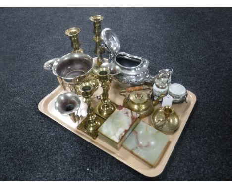 A tray of plated epergne and teapot, two pairs of brass candlesticks, onyx cigarette box and ashtray 