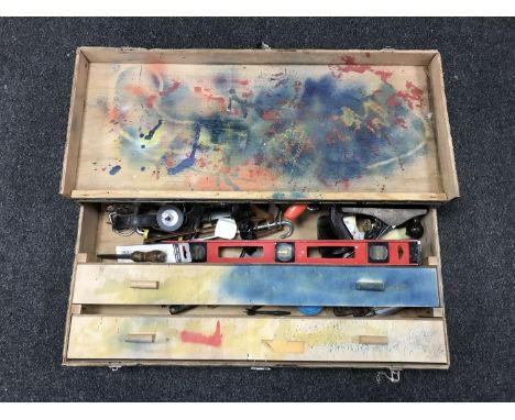 A joiner's tool box of assorted hand tools 