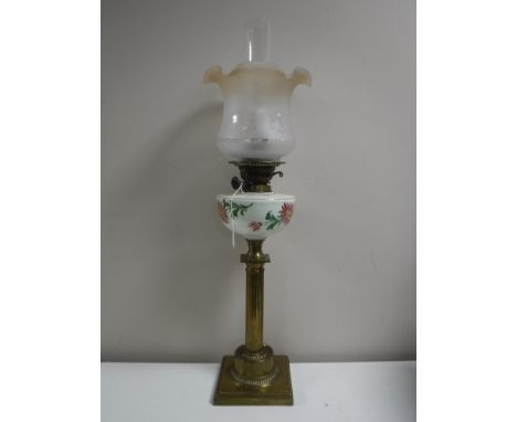 A Duplex Corinthian column oil lamp with hand-painted glass reservoir, chimney and shade