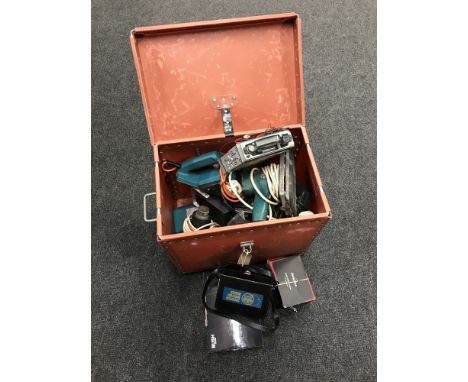 A storage box of power tools, car radios, free view box, Binatone sat nav 