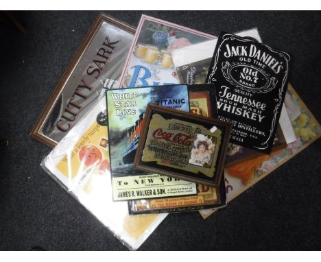 Two framed advertising mirrors - Blended Scotch Whiskey and Coca Cola, seven metal wall signs - Jack Daniels, White Star Line