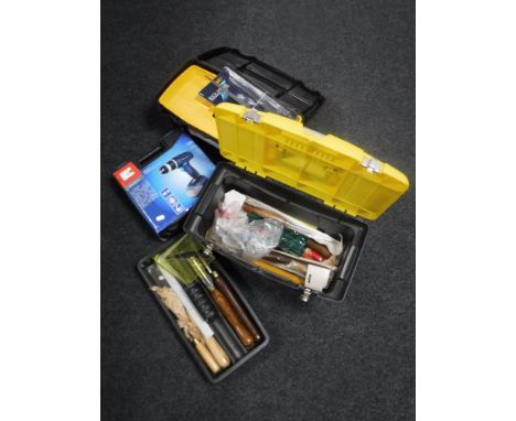 A cased Einhell 18V cordless drill together with two tool boxes of assorted chisels and hand tools