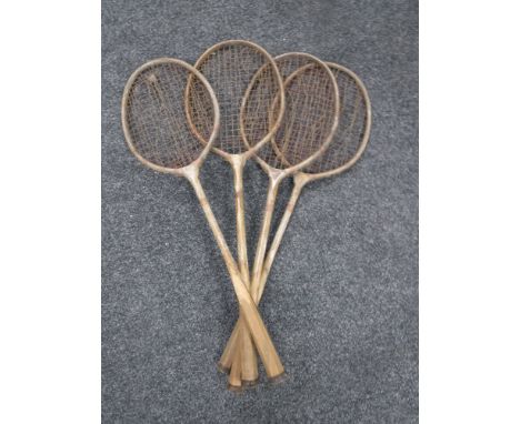Four vintage tennis rackets, three boxes of books, tea china, bagatelle 