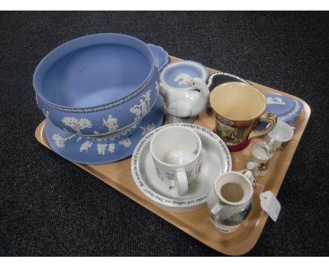 A tray of eight pieces of Wedgwood jasper ware, Wedgwood Peter Rabbit baby bowl and mug, Nao figure of a goose etc 