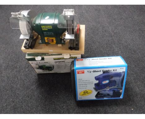 A Record Power 6" bench grinder with box together with a cased Challenge sheet sander