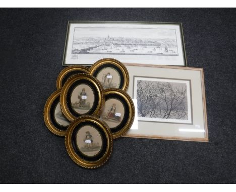 A framed Indian watercolour, box of six 19th century hand coloured engravings, print of Newcastle and a signed print  CONDITI
