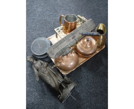 A tray of antique and later brass, copper, Spelter lady figure, cribbage board etc