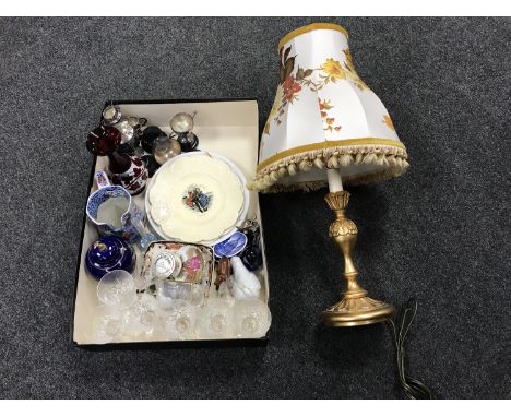 A box of gilt table lamp, plated trophies, cranberry glass vase, pillow boxes, oak canteen of part set of cutlery, carving se