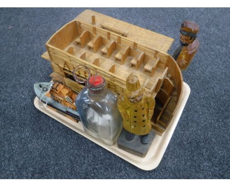 A tray of two hand built folk art models of a traction engine and an open top bus, together with a wooden model of life boat,