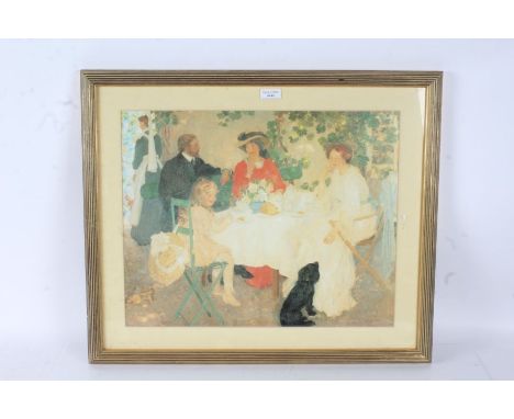 After E. Phillips Fox (20th century) a print depicting a family having lunch, housed within a gilt and glazed frame, 64cm wid