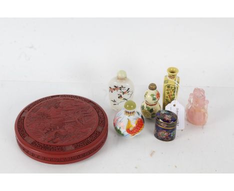 Collection of Chinese works of art, to include a paint set in cinnabar style box and cover, four snuff bottles, a miniature v