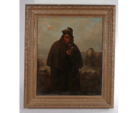 Van Beaver (19th century) Pipe smoking gentleman in hat &amp; cape, landscape backdrop, signed (lower-right), oil on canvas, 