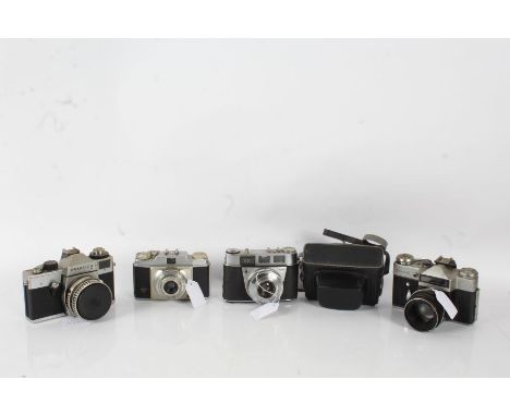 Five 20th century cameras and lenses to include a Praktica LB, a Zenit E No73211672 with a Helios-44-2 2/58 lens, a Agfa came