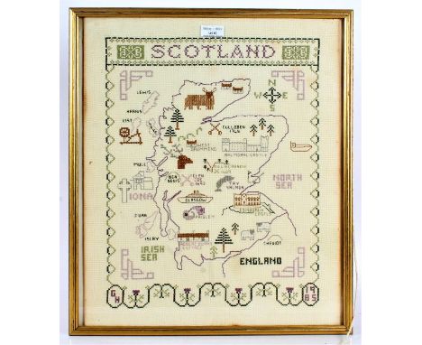 Modern needlework sampler, depicting Scotland, housed in a gilt and glazed frame, 40cm wide, 47.5cm high