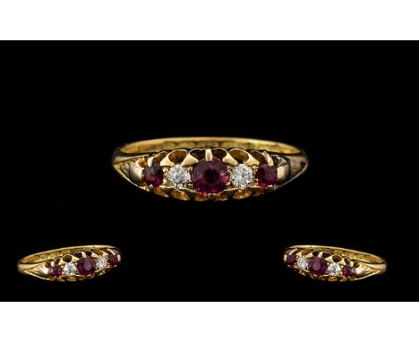 18ct Gold Attractive Edwardian Period Ruby &amp; Diamond Set 5 Stone Ring in a gallery setting.  The rubies and diamonds of g