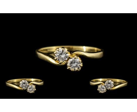 18ct Gold - Superb Quality Two Stone Diamond Set Dress Ring - Full Hallmark for 750. The Two Round Brilliant Cut Diamonds of 