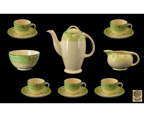 Art Deco Period 14 Piece Burleigh Tea Service comprises a coffee pot, five cups and saucers, 1 saucer, 1 milk jug, 1 sugar bo