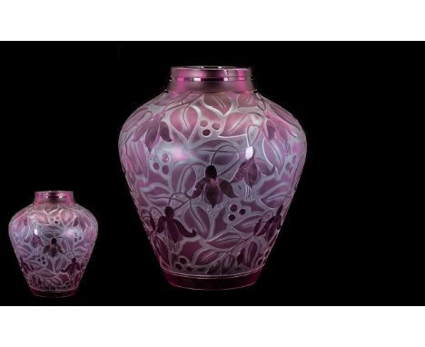 Art Deco Style Acid Cameo Cut Amethyst Glass Vase, cut into the body with a floral design.  Unsigned, probably French.  Heigh