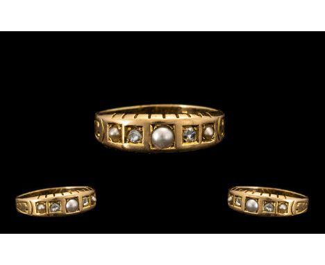 Antique Period Victorian 15ct Gold Rose Cut Diamond &amp; Pearl Set Ring Circa 1970s.  Marked 625 - 15ct.  Ring size O.  All 