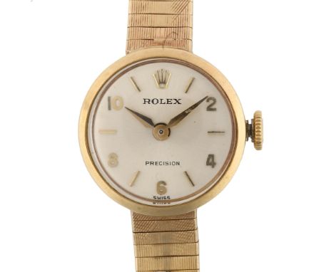 ROLEX - a lady's 9ct gold Precision mechanical bracelet watch, circa 1965, silvered dial with gild eighthly Arabic numerals a