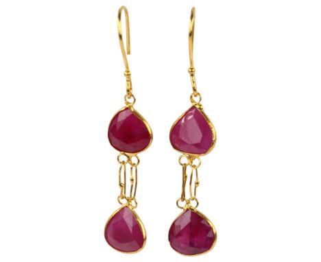 A pair of 14ct gold ruby drop earrings, with shepherd hook fittings, earring height 27mm, 0.6gNo damage or repairs, all stone