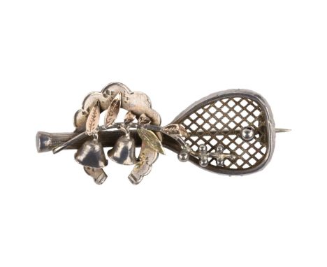 A 19th century silver tennis racket brooch, with applied lobed horseshoe and bells, indistinct maker's marks, hallmarks Birmi