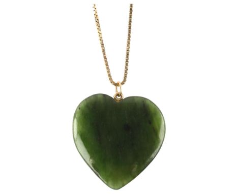 A nephrite heart pendant necklace, on 9ct fine box link chain, pendant height 31.3mm, chain length 50cm, 11gNo damage or repa