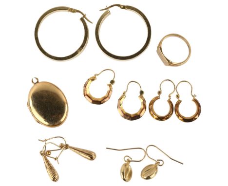 Various 9ct gold jewellery, including signet ring, hoop earrings etc, 15.8g totalLot sold as seen unless specific item(s) req