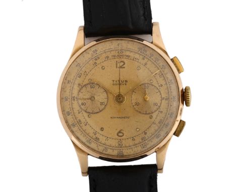 TITUS - a mid-20th century 18ct rose gold mechanical chronograph wristwatch, circa 1950s, champagne dial with halfly Arabic n