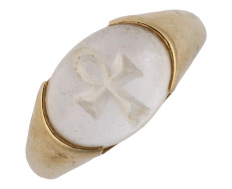 URI GELLER - a modern 9ct gold rock crystal Ankh Cross ring, reverse intaglio carved oval cabochon, setting height 8.8mm, siz