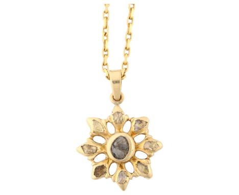 An Antique 18ct gold diamond flowerhead pendant necklace, set with rose-cut diamonds, on 18ct fine cable link chain, pendant 