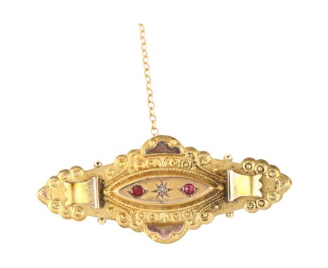 A 19th century 9ct gold ruby and diamond Etruscan style brooch, with vacant memorial panel back, maker's marks TH, brooch len