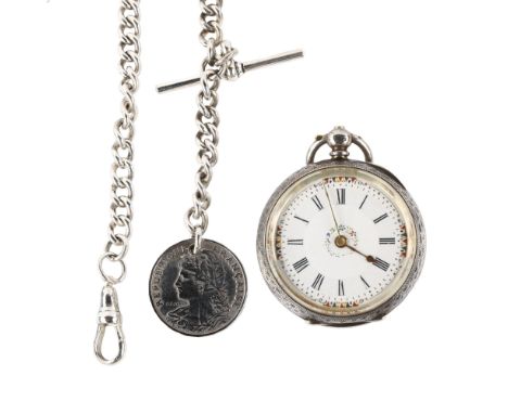 A silver open-face key-wind pocket watch, white enamel dial with hand painted decoration, Roman numeral hour markers and flor