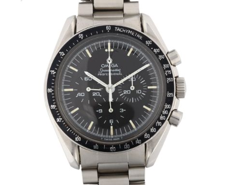 OMEGA - a stainless steel Speedmaster Professional mechanical bracelet watch, ref. ST 145.022, circa 1985, black dial with lu