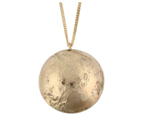 A 1970s 9ct gold moon surface pendant necklace, domed textured form, on 9ct fine curb link chain, maker's marks CE, hallmarks