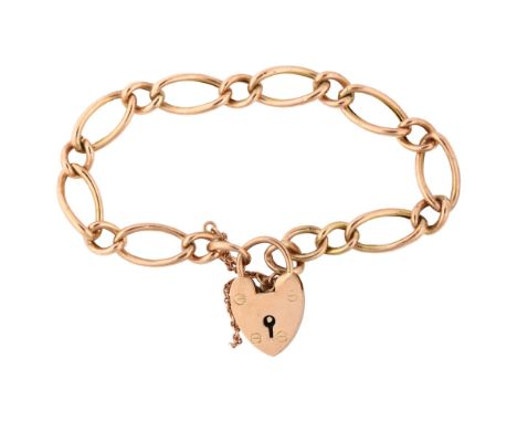 A 9ct rose gold hollow figaro link chain bracelet, with heart padlock clasp, maker's marks E and S, bracelet length 16cm, 5.9