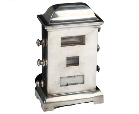 An Edwardian novelty silver desk perpetual calendar, possibly by Henry Matthews, hallmarks Birmingham 1903, height 13cmDay an