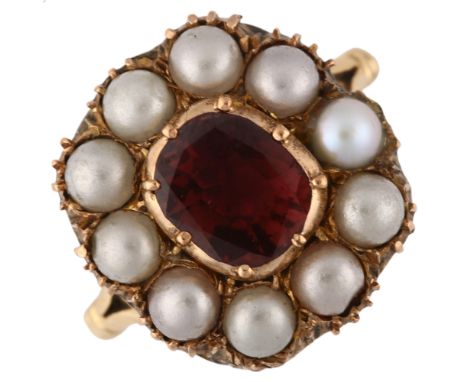 A Georgian flat-top garnet and split pearl cluster ring, 9ct gold closed-back settings, setting height 17.3mm, size J/K, 5.7g