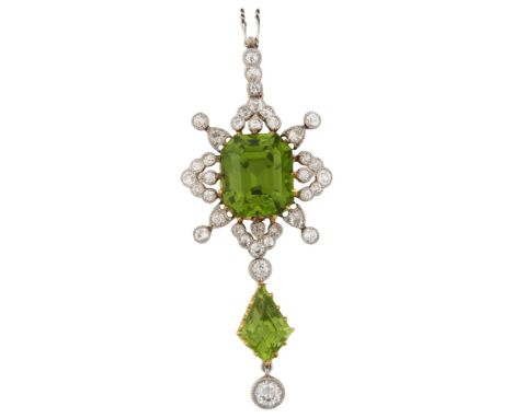 A fine Belle Epoque peridot and diamond pendant necklace, possibly Russian, unmarked gold settings with step-cut peridot and 