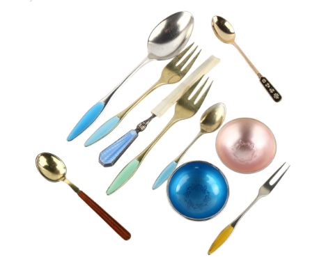 Various Danish silver and enamel, including 2 salt cellars, pickle fork etc, salt diameter 5cmLot sold as seen unless specifi