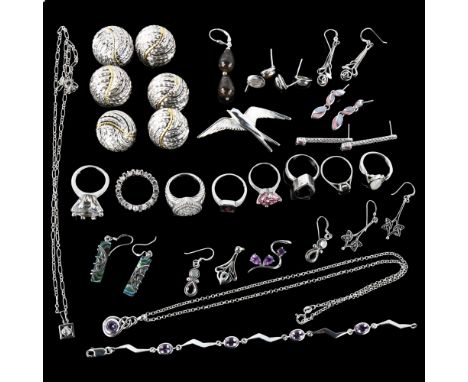 Various silver jewellery, including rings, brooches, pendant necklaces etc, 71g grossLot sold as seen unless specific item(s)