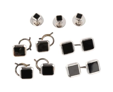 A mid-20th century 9ct white gold onyx dress set, in Art Deco style, comprising pair of cufflinks, 4 buttons and 3 dress stud