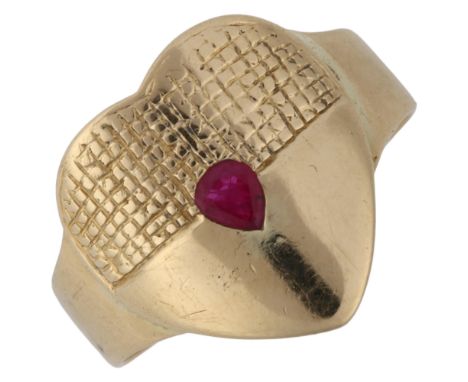A large modern 18ct gold ruby heart ring, set with pear-cut ruby, setting height 18.5mm, size Z+, 8.5gNo damage or repairs, o
